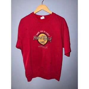 Vintage Hard Rock Cafe Honolulu Red Distressed Short Sleeve Sweatshirt Mens XL